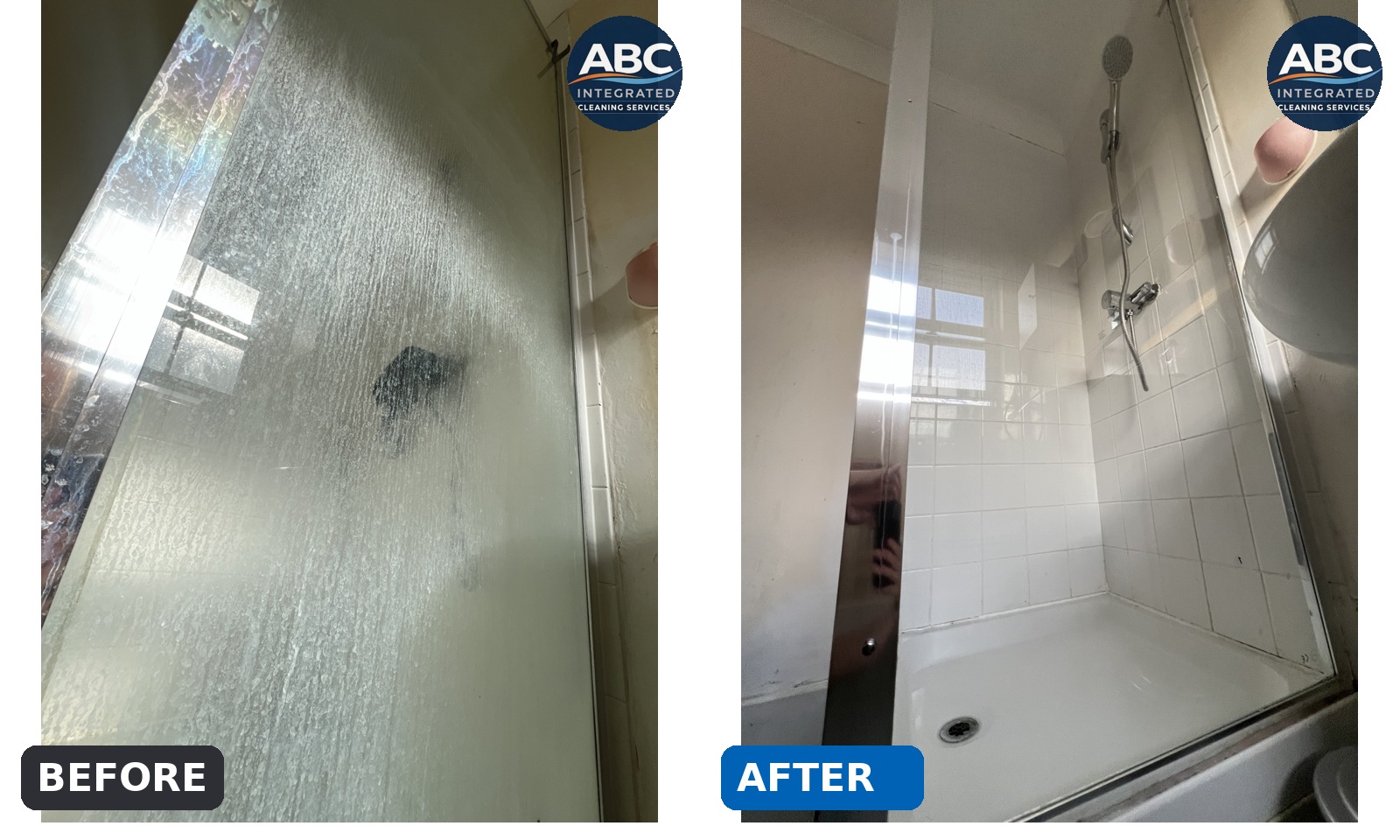Shower glass · Limescale removal before and after cleaning
